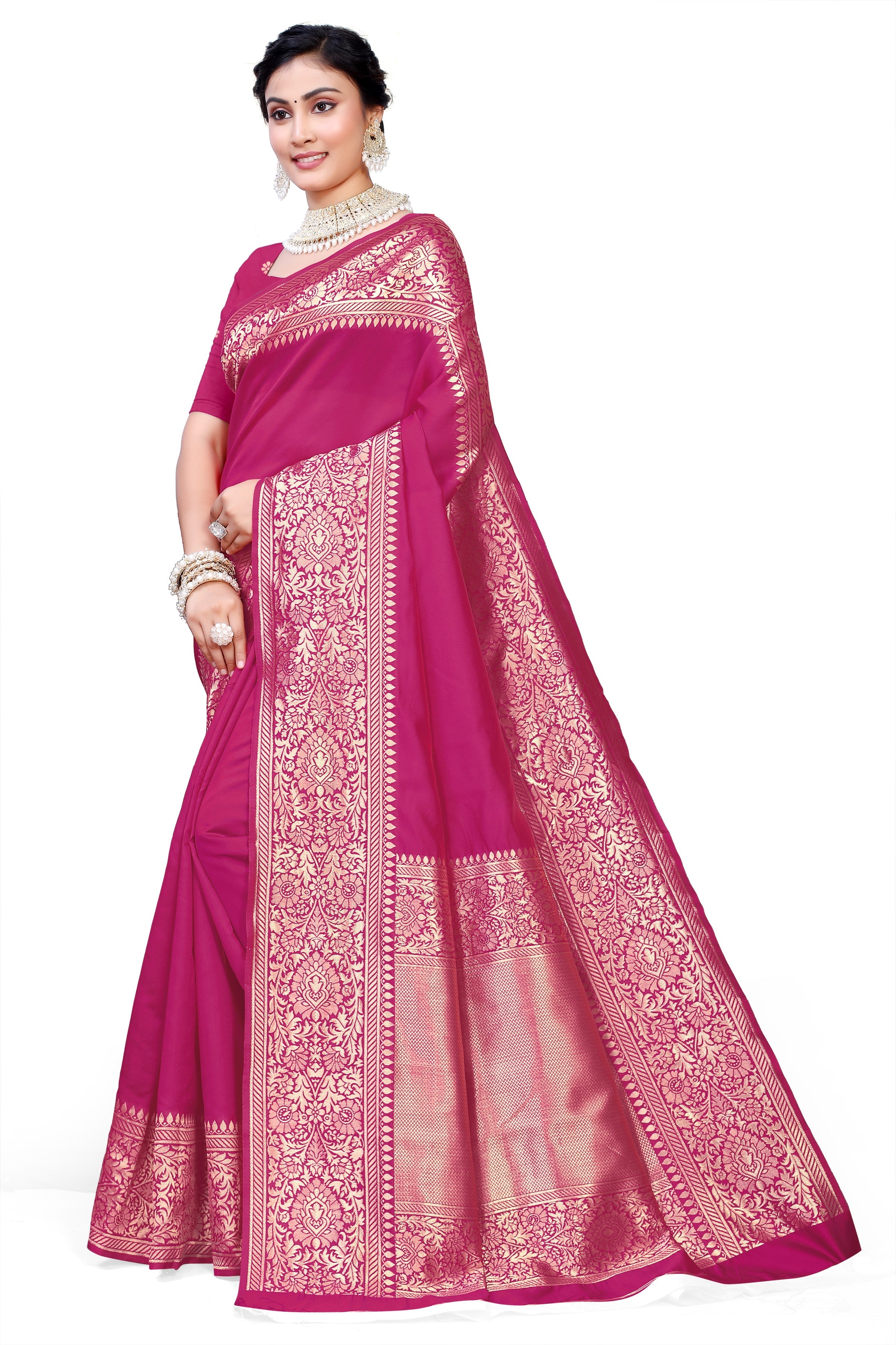 Kanjivaram Cotton Silk Saree for Women with Zari Border | Traditional Indian Saree with Unstitched Blouse Piece | Lightweight Festival Wear Saree | Elegant Soft Cotton Silk Saree Magenta Pink