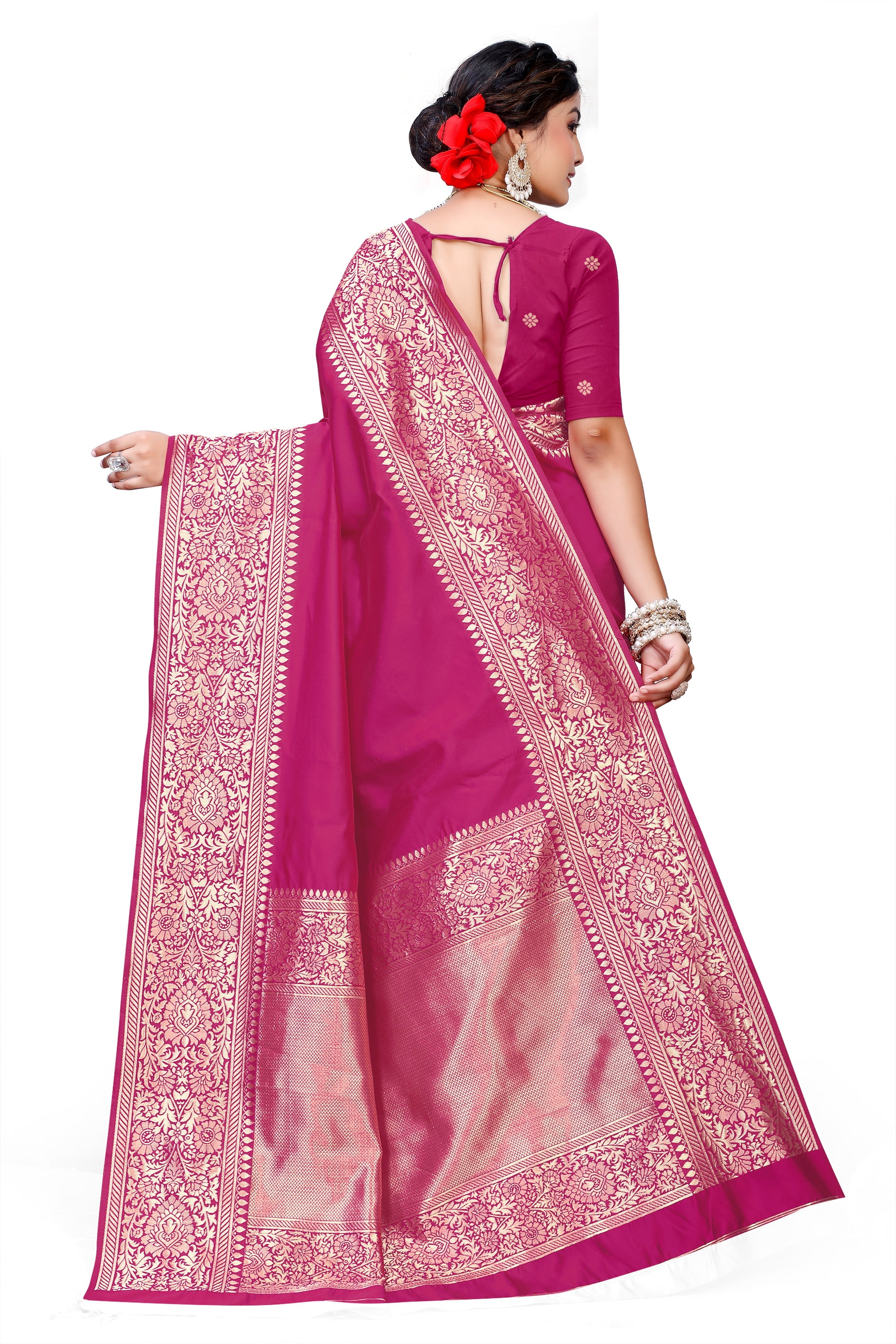 Kanjivaram Cotton Silk Saree for Women with Zari Border | Traditional Indian Saree with Unstitched Blouse Piece | Lightweight Festival Wear Saree | Elegant Soft Cotton Silk Saree Magenta Pink