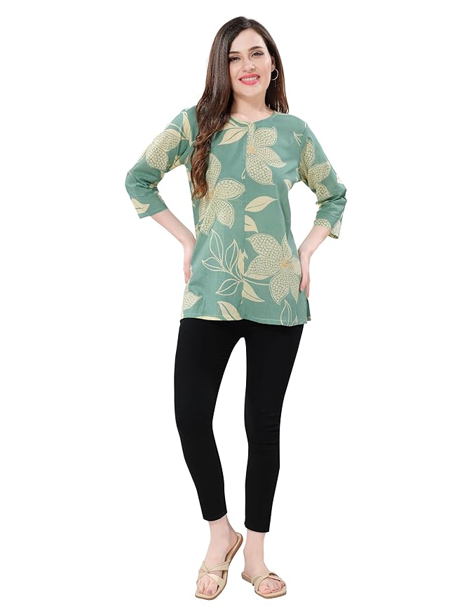 Owl Sky Women’s Pure Cotton Jaipuri Printed Short Kurti – Free Size Blue