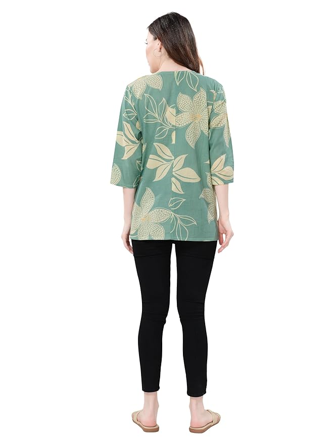 Owl Sky Women’s Pure Cotton Jaipuri Printed Short Kurti – Free Size Blue