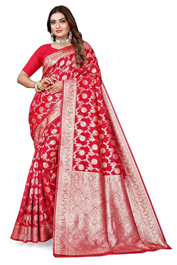 Owl Sky Women's Kanjivaram Soft Lichi Silk Saree with Silver Zari Floral Weave | With Unstiched Blouse Piece | Elegant Lightweight Indian Ethnic Sari | Red