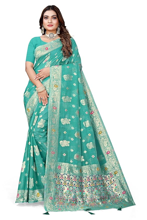 Owlsky Women’s Linen Tissue Silk Saree with Thread Weaving & Siroski Work | Included with Unstriched Blouse Piece | Aqua Blue