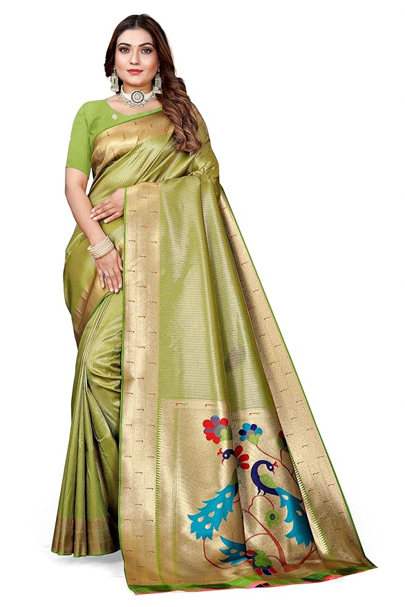 Owlsky Women’s Kanjivaram Silk Saree with Beautiful Paithani Rich Pallu | Design Work Zari Woven Kanjivaram Silk Style Saree With Soft Lichi Silk Blouse Olive Green