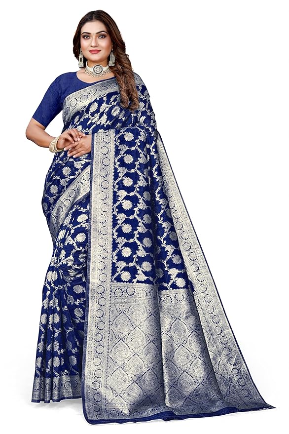 Owl Sky Women's Kanjivaram Soft Lichi Silk Saree with Silver Zari Floral Weave | With Unstiched Blouse Piece | Elegant Lightweight Indian Ethnic Sari | Royal Blue
