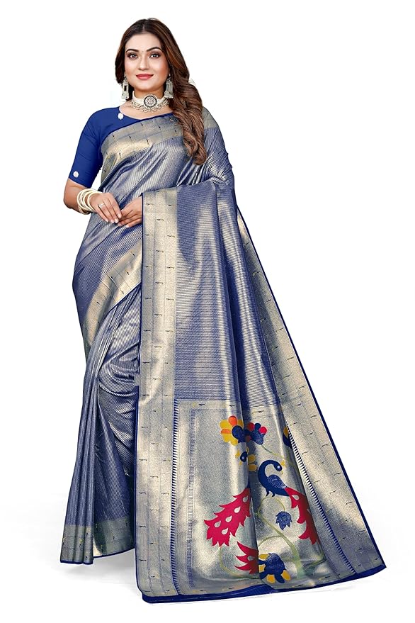Owlsky Women’s Kanjivaram Silk Saree with Beautiful Paithani Rich Pallu | Design Work Zari Woven Kanjivaram Silk Style Saree With Soft Lichi Silk Blouse Navy Blue