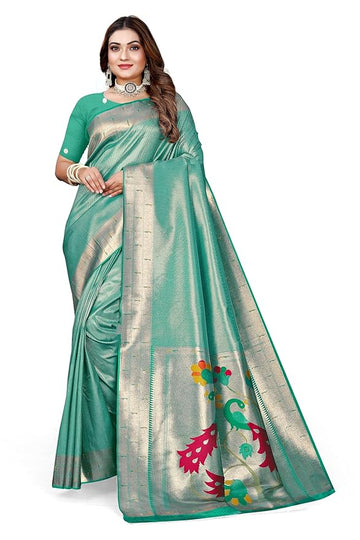 Owlsky Women’s Kanjivaram Silk Saree with Beautiful Paithani Rich Pallu | Design Work Zari Woven Kanjivaram Silk Style Saree With Soft Lichi Silk Blouse Sea Green