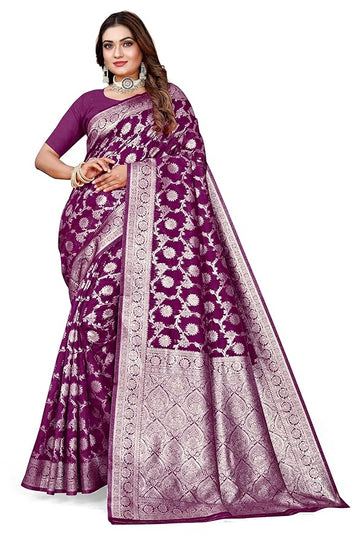 Owl Sky Women's Kanjivaram Soft Lichi Silk Saree with Silver Zari Floral Weave | With Unstiched Blouse Piece | Elegant Lightweight Indian Ethnic Sari | Wine