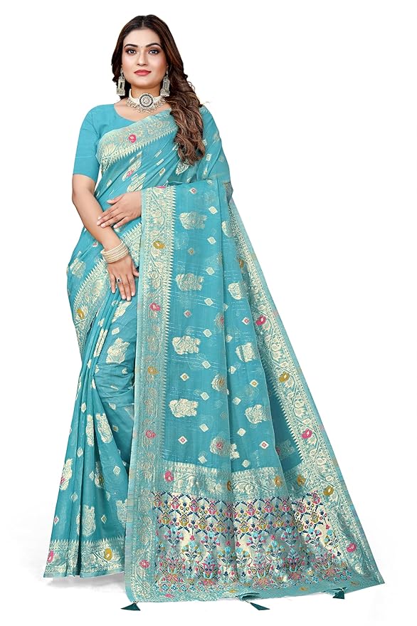 Owlsky Women’s Linen Tissue Silk Saree with Thread Weaving & Siroski Work | Included with Unstriched Blouse Piece | Sky Blue