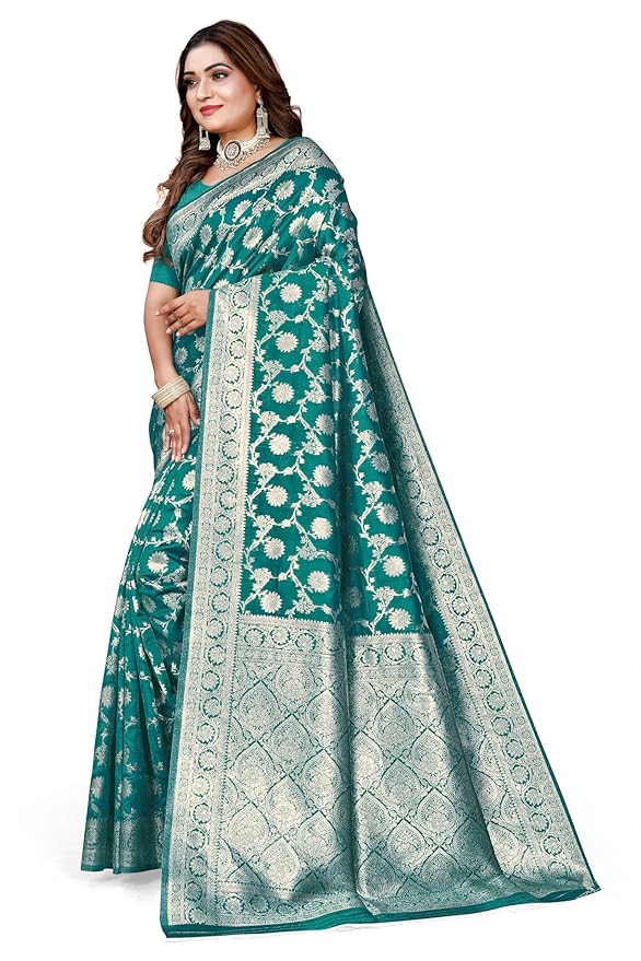 Owl Sky Women's Kanjivaram Soft Lichi Silk Saree with Silver Zari Floral Weave | With Unstiched Blouse Piece | Elegant Lightweight Indian Ethnic Sari | Morpankhi Blue