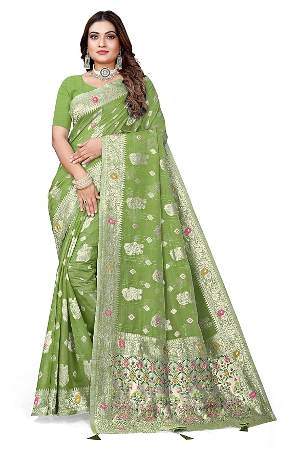 Owlsky Women’s Linen Tissue Silk Saree with Thread Weaving & Siroski Work | Included with Unstriched Blouse Piece | Pista Green