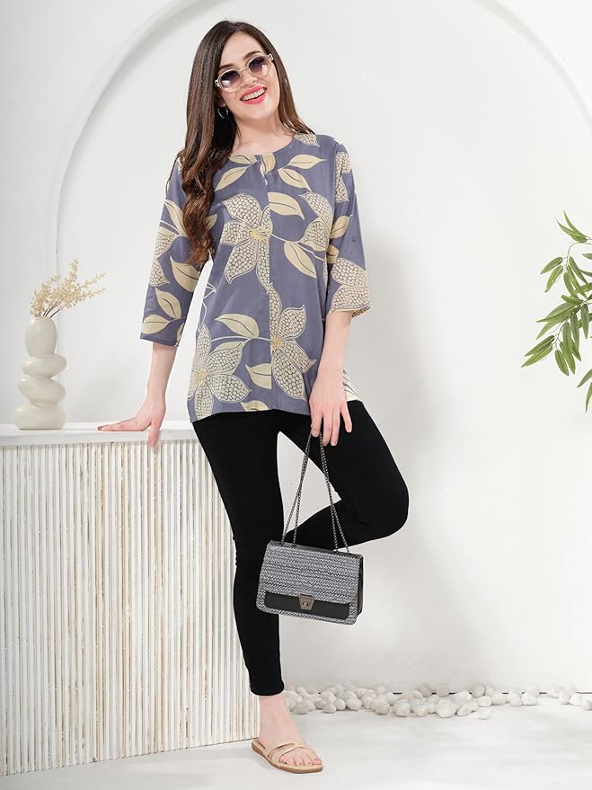 Owl Sky Women’s Pure Cotton Jaipuri Printed Short Kurti – Free Size Purple