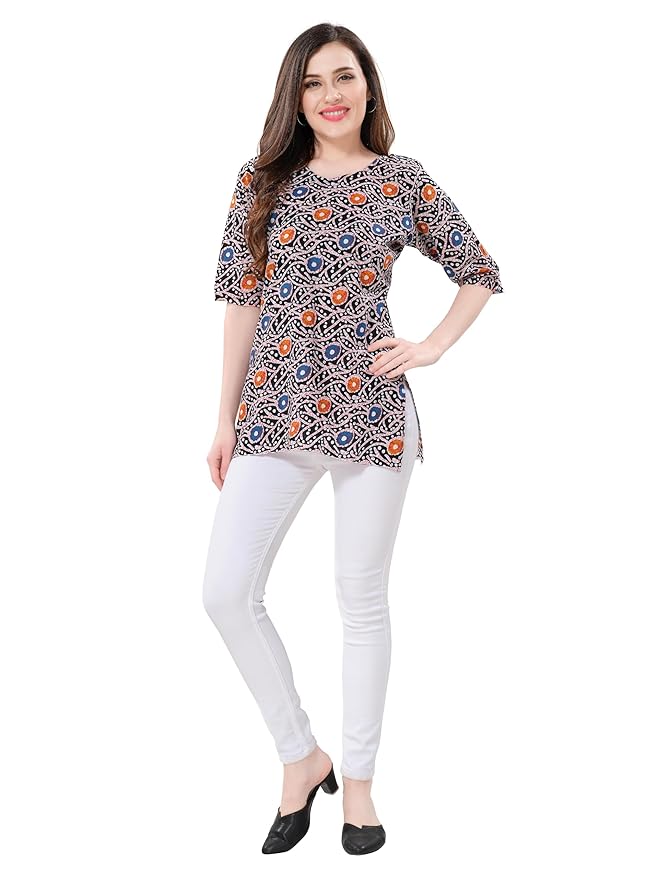 Owlsky Women’s Black Pure Cotton Ajrakh Print Short Kurti | Ethnic Top for Casual, Office 3/4th Sleeves | Batik Print