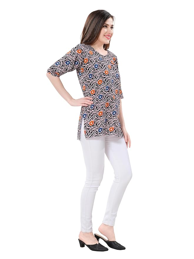 Owlsky Women’s Black Pure Cotton Ajrakh Print Short Kurti | Ethnic Top for Casual, Office 3/4th Sleeves | Batik Print