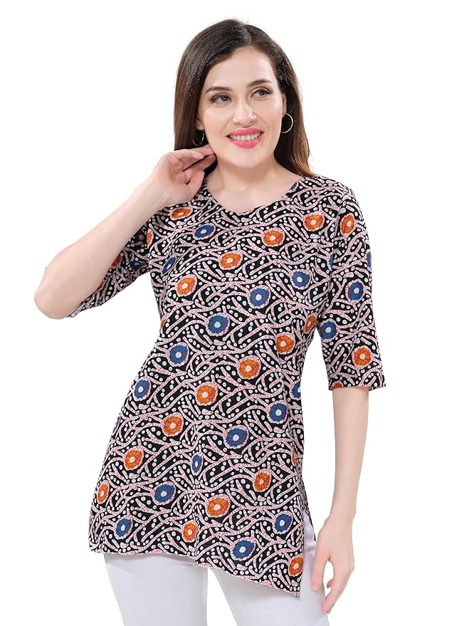Owlsky Women’s Black Pure Cotton Ajrakh Print Short Kurti | Ethnic Top for Casual, Office 3/4th Sleeves | Batik Print