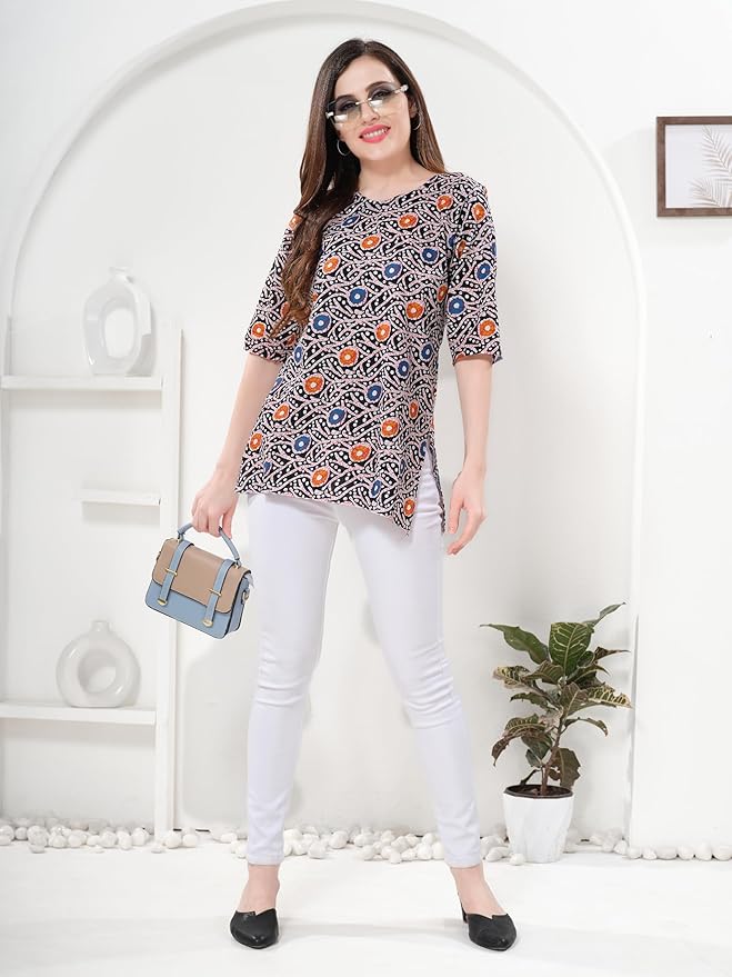 Owlsky Women’s Black Pure Cotton Ajrakh Print Short Kurti | Ethnic Top for Casual, Office 3/4th Sleeves | Batik Print