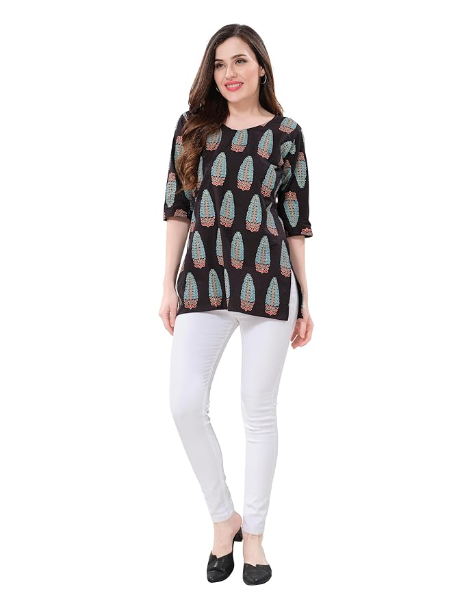 Owlsky Women's Black Pure Cotton Kalamkari Printed Short Kurta | 3/4 Sleeve | Office & Casual Kurta for Jeans, Leggings & Trousers