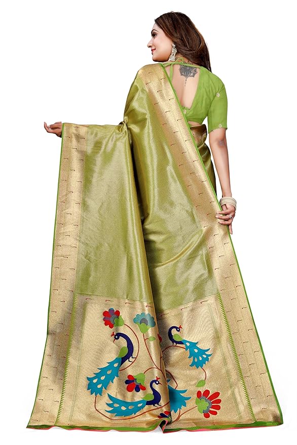 Owlsky Women’s Kanjivaram Silk Saree with Beautiful Paithani Rich Pallu | Design Work Zari Woven Kanjivaram Silk Style Saree With Soft Lichi Silk Blouse Olive Green