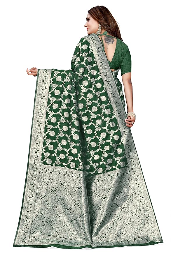 Owl Sky Women's Kanjivaram Soft Lichi Silk Saree with Silver Zari Floral Weave | With Unstiched Blouse Piece | Elegant Lightweight Indian Ethnic Sari | Bottle Green