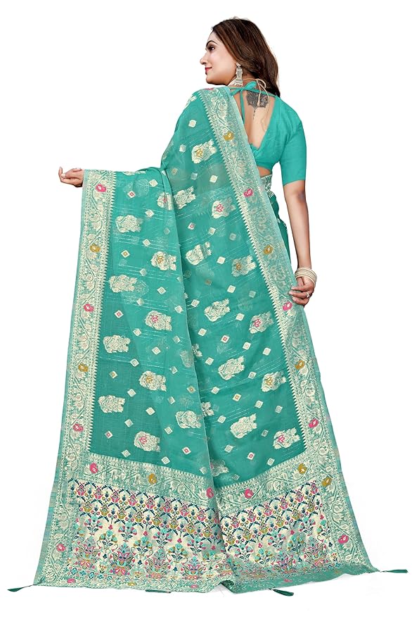 Owlsky Women’s Linen Tissue Silk Saree with Thread Weaving & Siroski Work | Included with Unstriched Blouse Piece | Aqua Blue