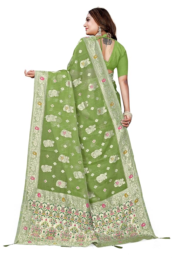 Owlsky Women’s Linen Tissue Silk Saree with Thread Weaving & Siroski Work | Included with Unstriched Blouse Piece | Pista Green