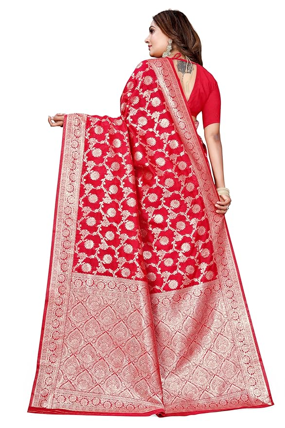 Owl Sky Women's Kanjivaram Soft Lichi Silk Saree with Silver Zari Floral Weave | With Unstiched Blouse Piece | Elegant Lightweight Indian Ethnic Sari | Red