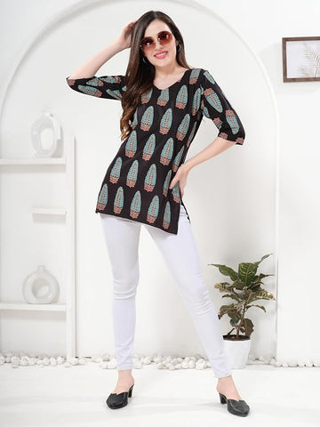 Owlsky Women's Black Pure Cotton Kalamkari Printed Short Kurta | 3/4 Sleeve | Office & Casual Kurta for Jeans, Leggings & Trousers