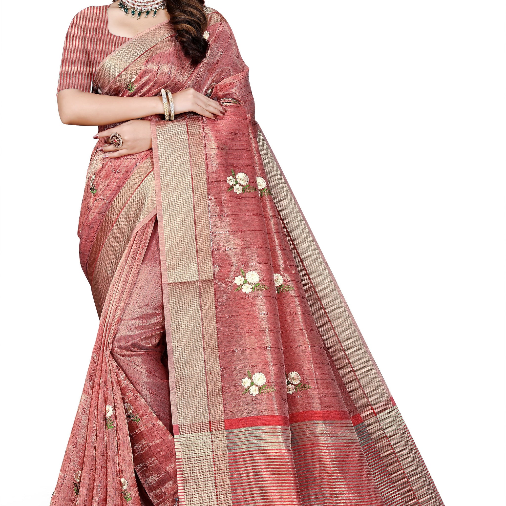 OWLSKY, SASSY & STYLO Women's Latest Elegant Linen Saree Foil Print work with Unstitched Blouse | Traditional Festive Collection Rose Pink