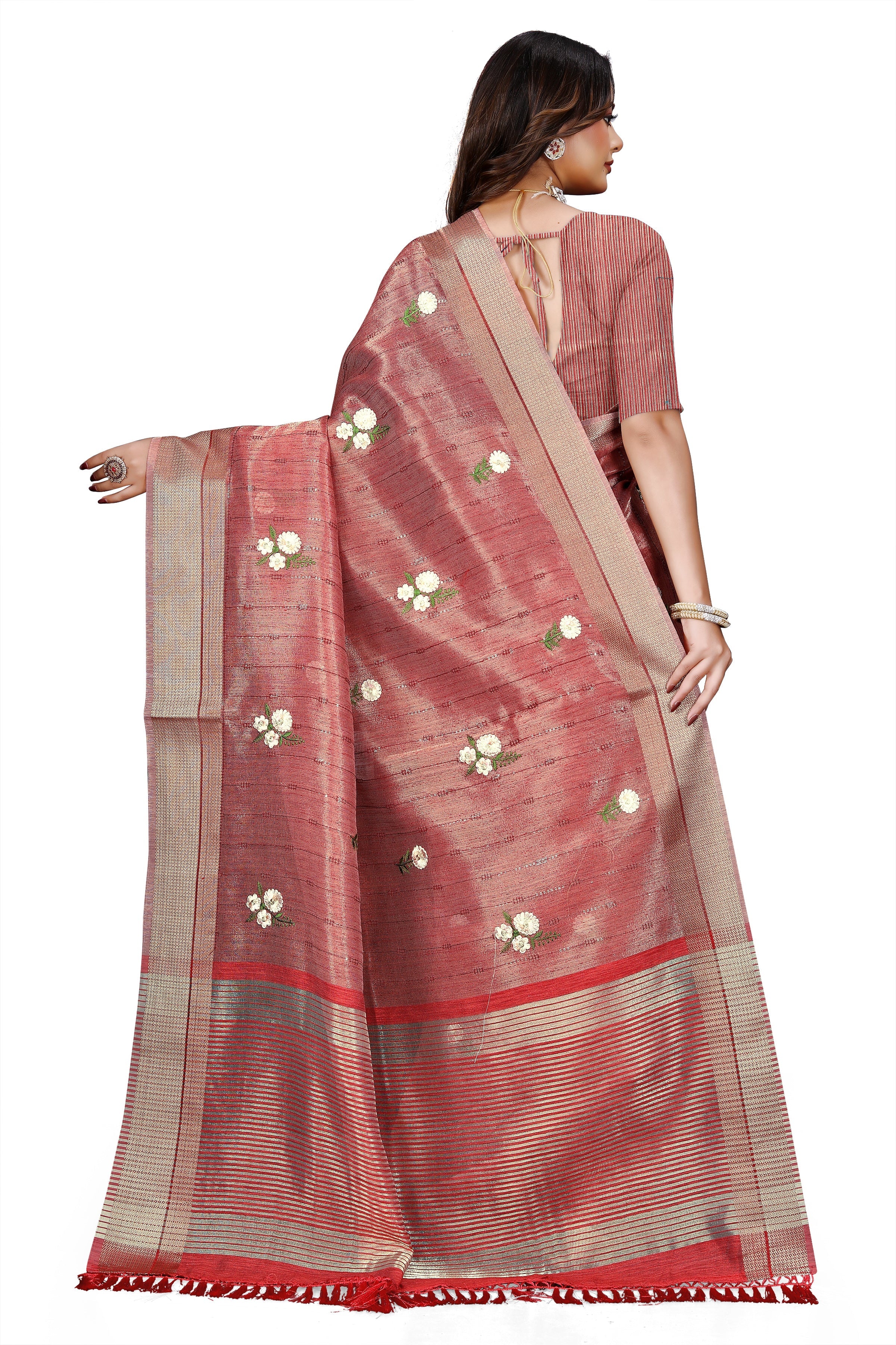 OWLSKY, SASSY & STYLO Women's Latest Elegant Linen Saree Foil Print work with Unstitched Blouse | Traditional Festive Collection Rose Pink