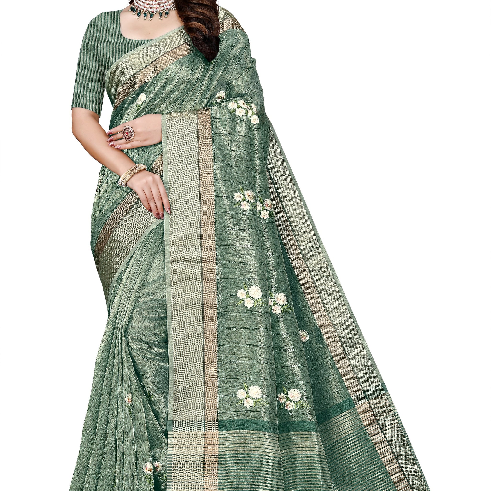 OWLSKY, SASSY & STYLO Women's Latest Elegant Linen Saree Foil Print work with Unstitched Blouse | Traditional Festive Collection Sage Green