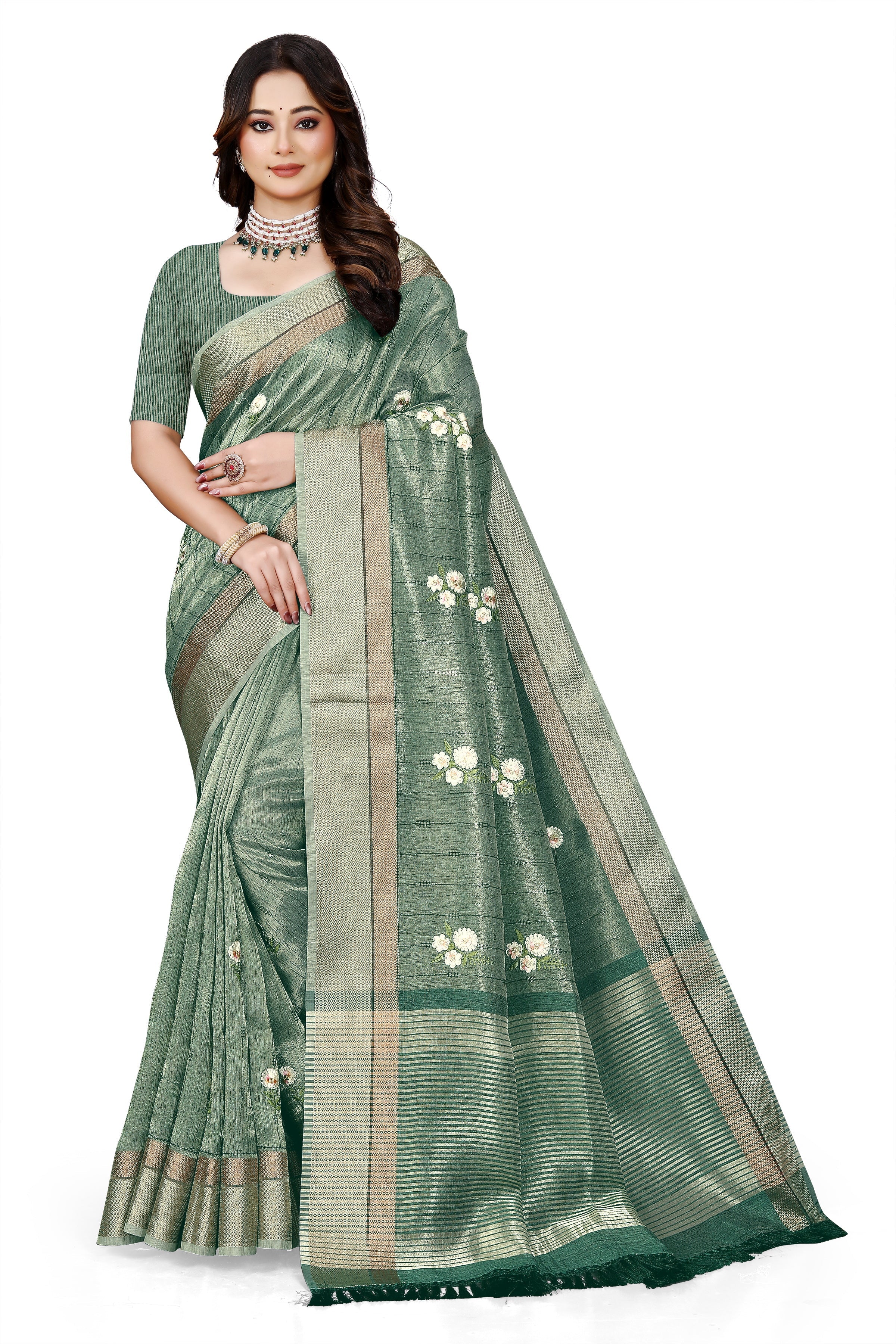 OWLSKY, SASSY & STYLO Women's Latest Elegant Linen Saree Foil Print work with Unstitched Blouse | Traditional Festive Collection Sage Green