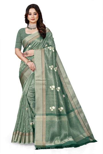 OWLSKY, SASSY & STYLO Women's Latest Elegant Linen Saree Foil Print work with Unstitched Blouse | Traditional Festive Collection Sage Green