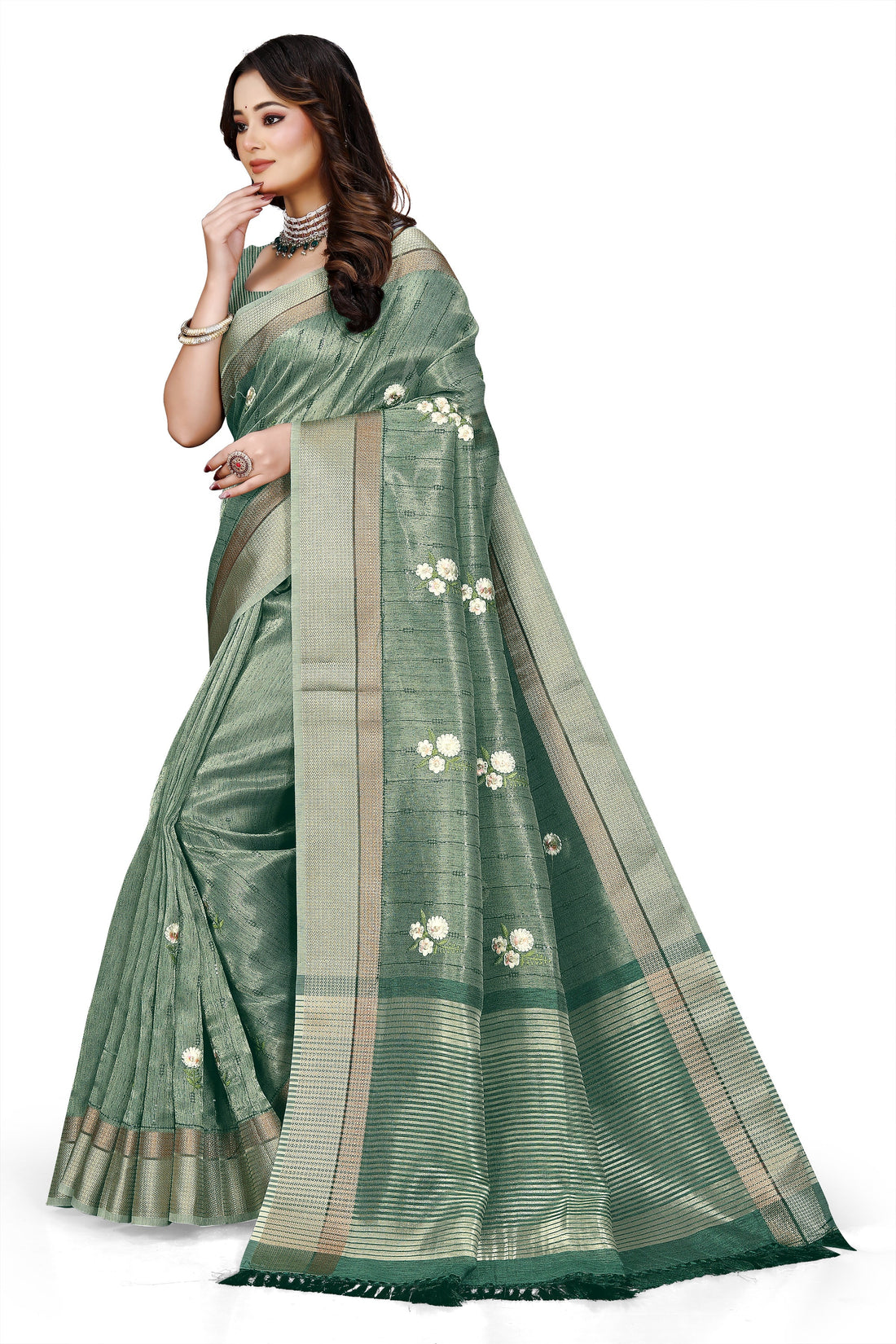 OWLSKY, SASSY & STYLO Women's Latest Elegant Linen Saree Foil Print work with Unstitched Blouse | Traditional Festive Collection Sage Green