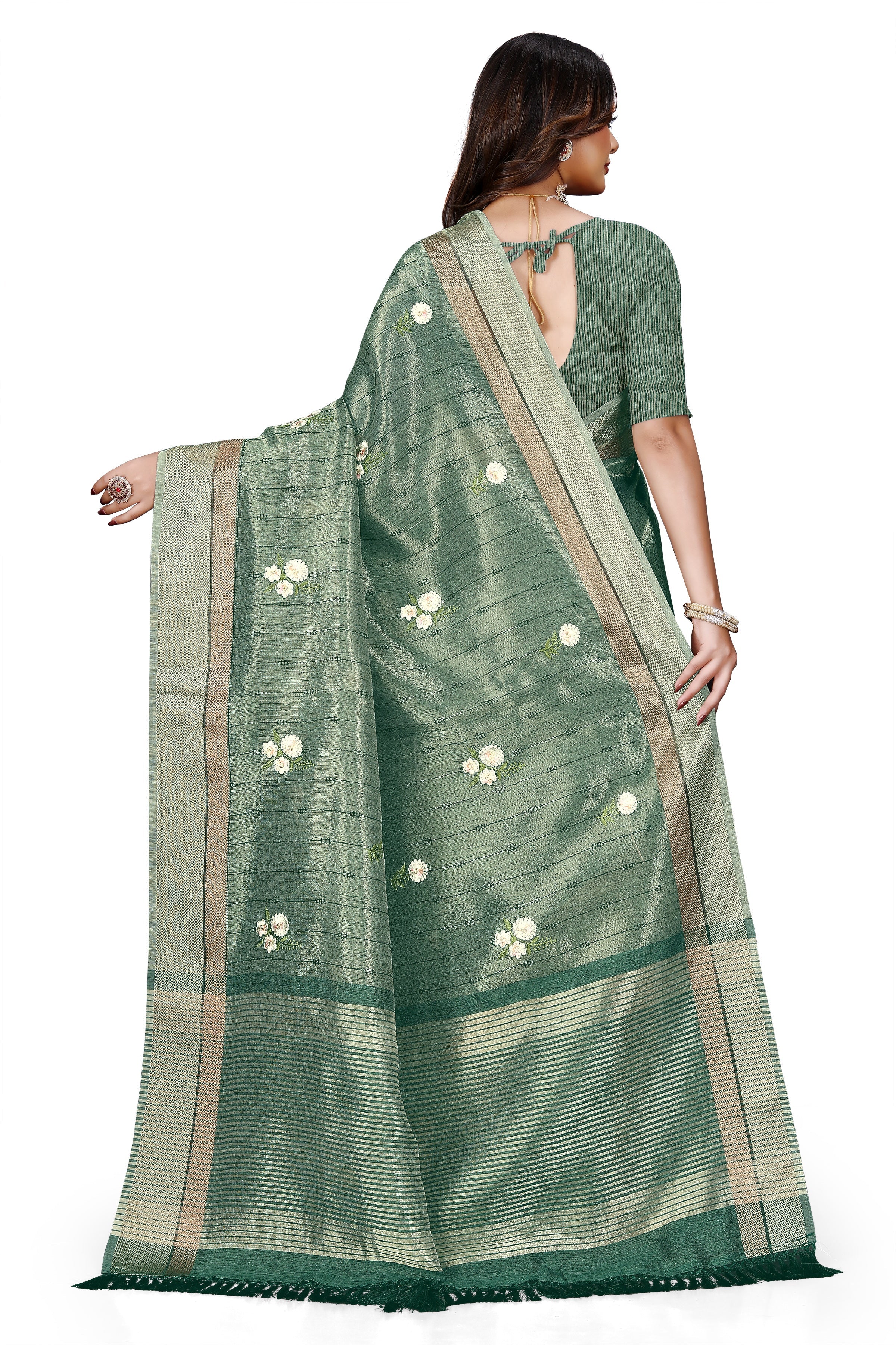 OWLSKY, SASSY & STYLO Women's Latest Elegant Linen Saree Foil Print work with Unstitched Blouse | Traditional Festive Collection Sage Green