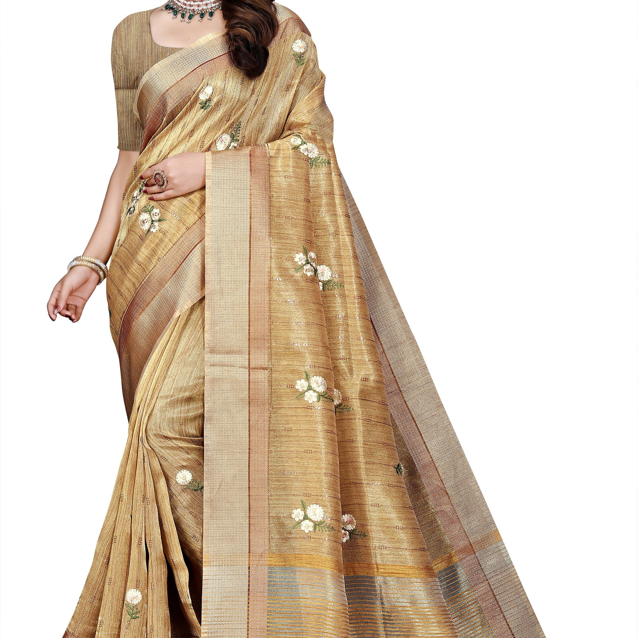OWLSKY, SASSY & STYLO Women's Latest Elegant Linen Saree Foil Print work with Unstitched Blouse | Traditional Festive Collection Sage Golden Beige