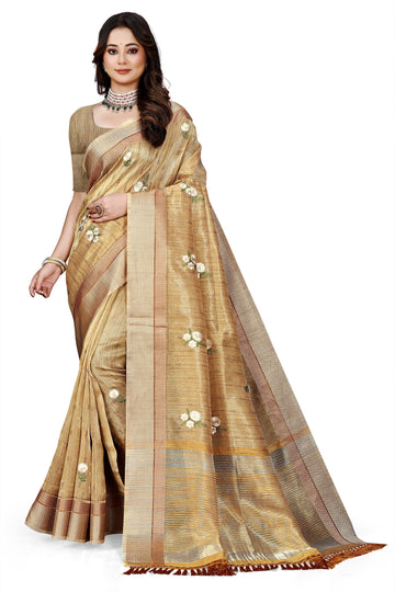 OWLSKY, SASSY & STYLO Women's Latest Elegant Linen Saree Foil Print work with Unstitched Blouse | Traditional Festive Collection Sage Golden Beige