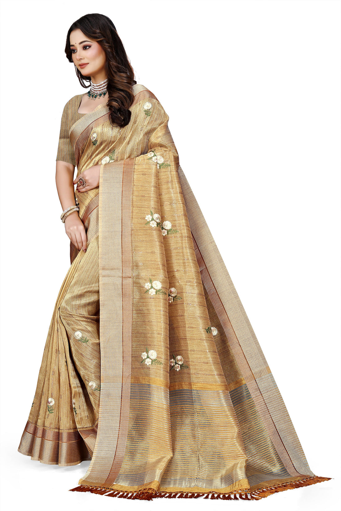 OWLSKY, SASSY & STYLO Women's Latest Elegant Linen Saree Foil Print work with Unstitched Blouse | Traditional Festive Collection Sage Golden Beige