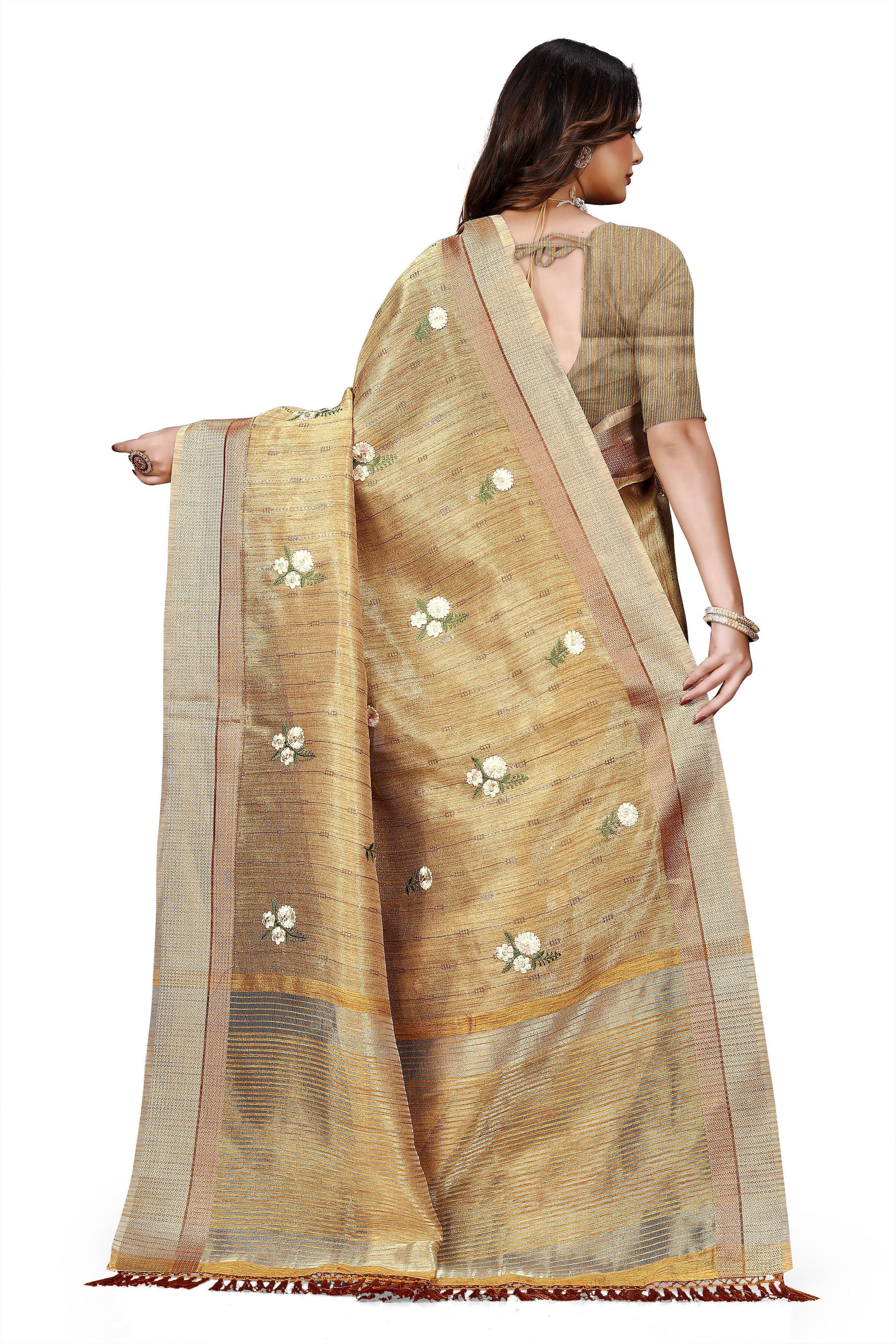 OWLSKY, SASSY & STYLO Women's Latest Elegant Linen Saree Foil Print work with Unstitched Blouse | Traditional Festive Collection Sage Golden Beige