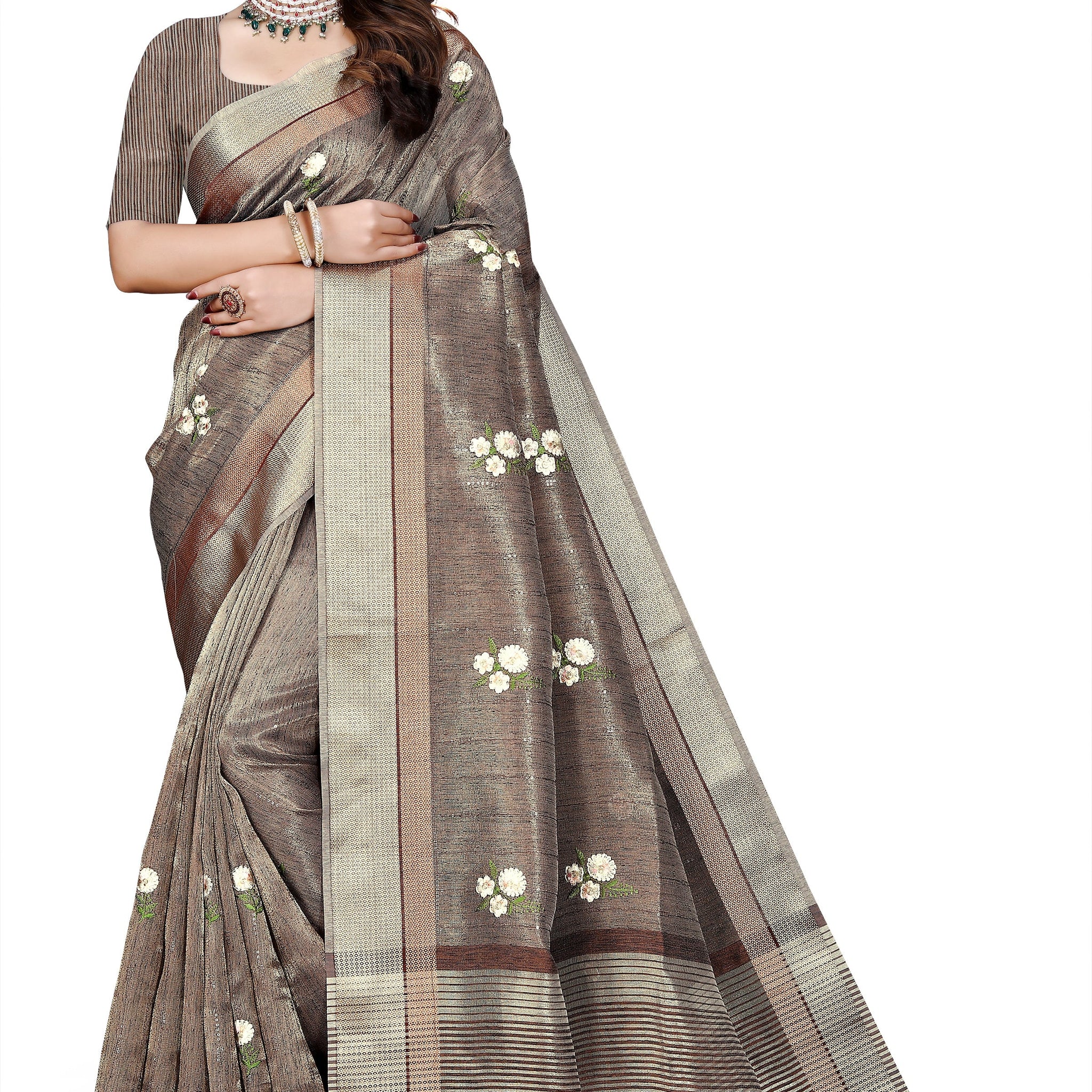 OWLSKY, SASSY & STYLO Women's Latest Elegant Linen Saree Foil Print work with Unstitched Blouse | Traditional Festive Collection Coffee Brown