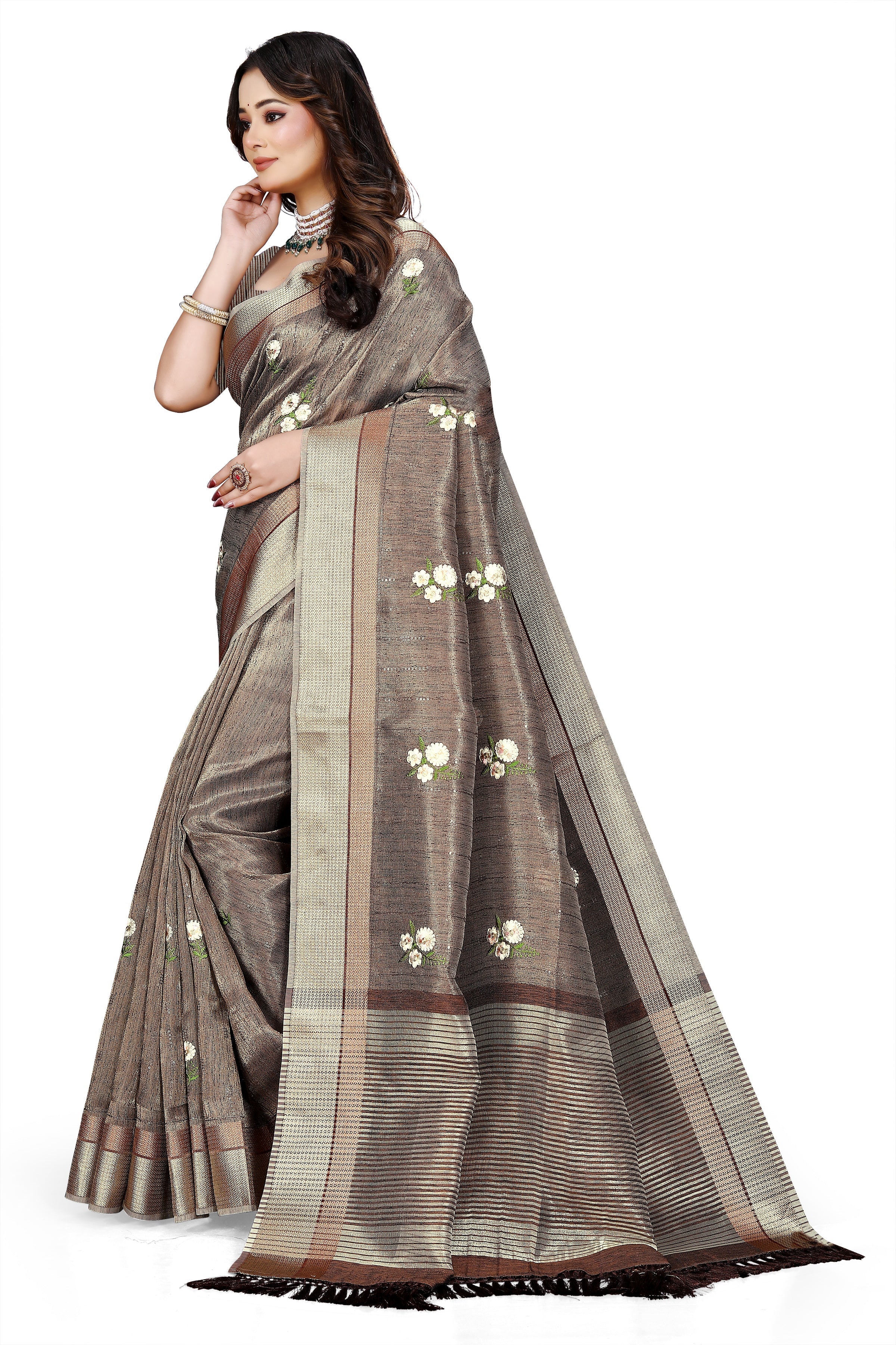 OWLSKY, SASSY & STYLO Women's Latest Elegant Linen Saree Foil Print work with Unstitched Blouse | Traditional Festive Collection Coffee Brown
