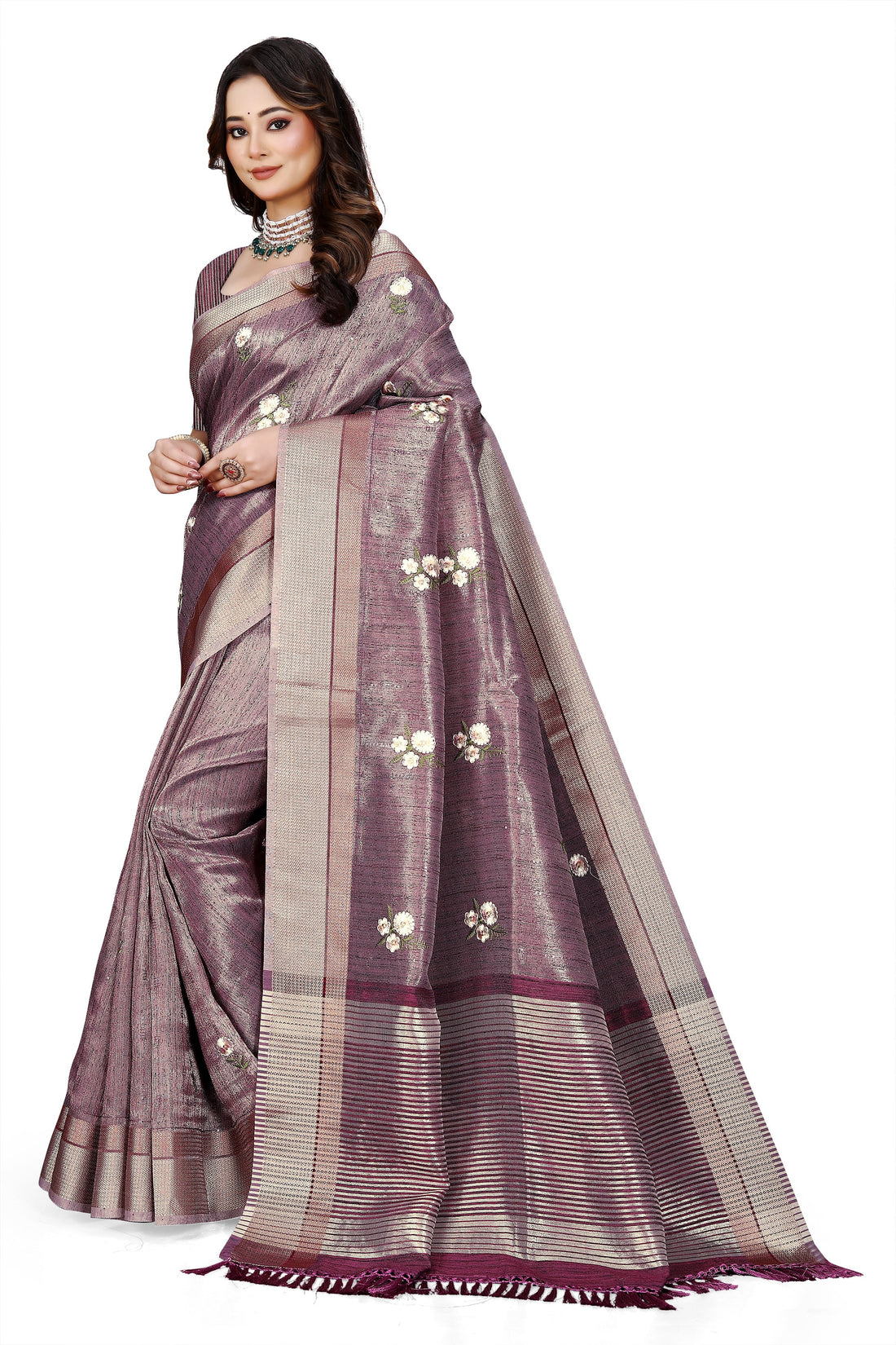 OWLSKY, SASSY & STYLO Women's Latest Elegant Linen Saree Foil Print work with Unstitched Blouse | Traditional Festive Collection Sage Wine Purple