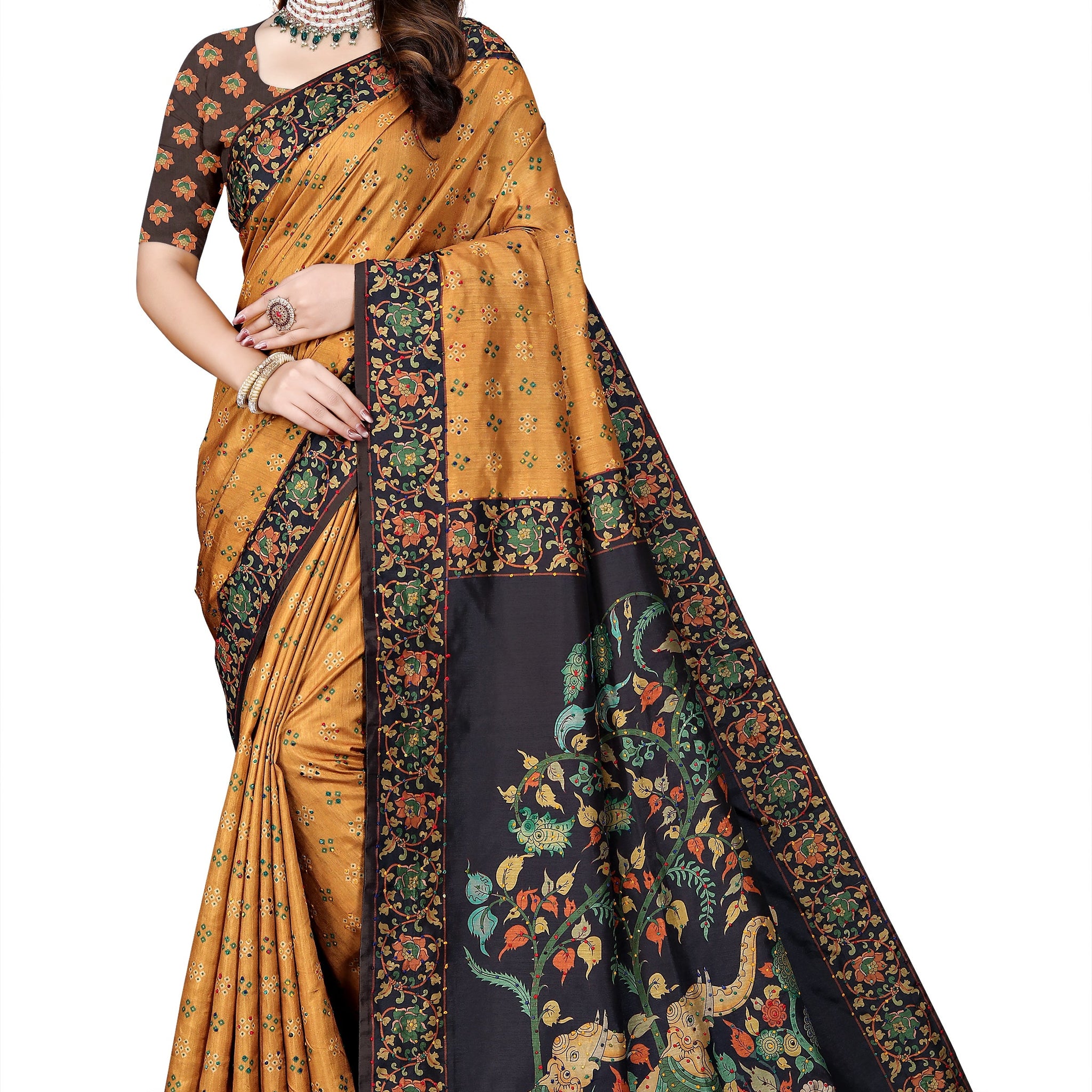 OWLSKY, SASSY & STYLO Women's Trendy Blended Silk Saree with Kalamkari Pallu & Designer Border | Festive Traditional Saree for Women | Traditional floral Motif | Saree With Unstitched Blouse Yellow