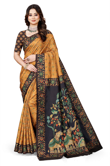 OWLSKY, SASSY & STYLO Women's Trendy Blended Silk Saree with Kalamkari Pallu & Designer Border | Festive Traditional Saree for Women | Traditional floral Motif | Saree With Unstitched Blouse Yellow