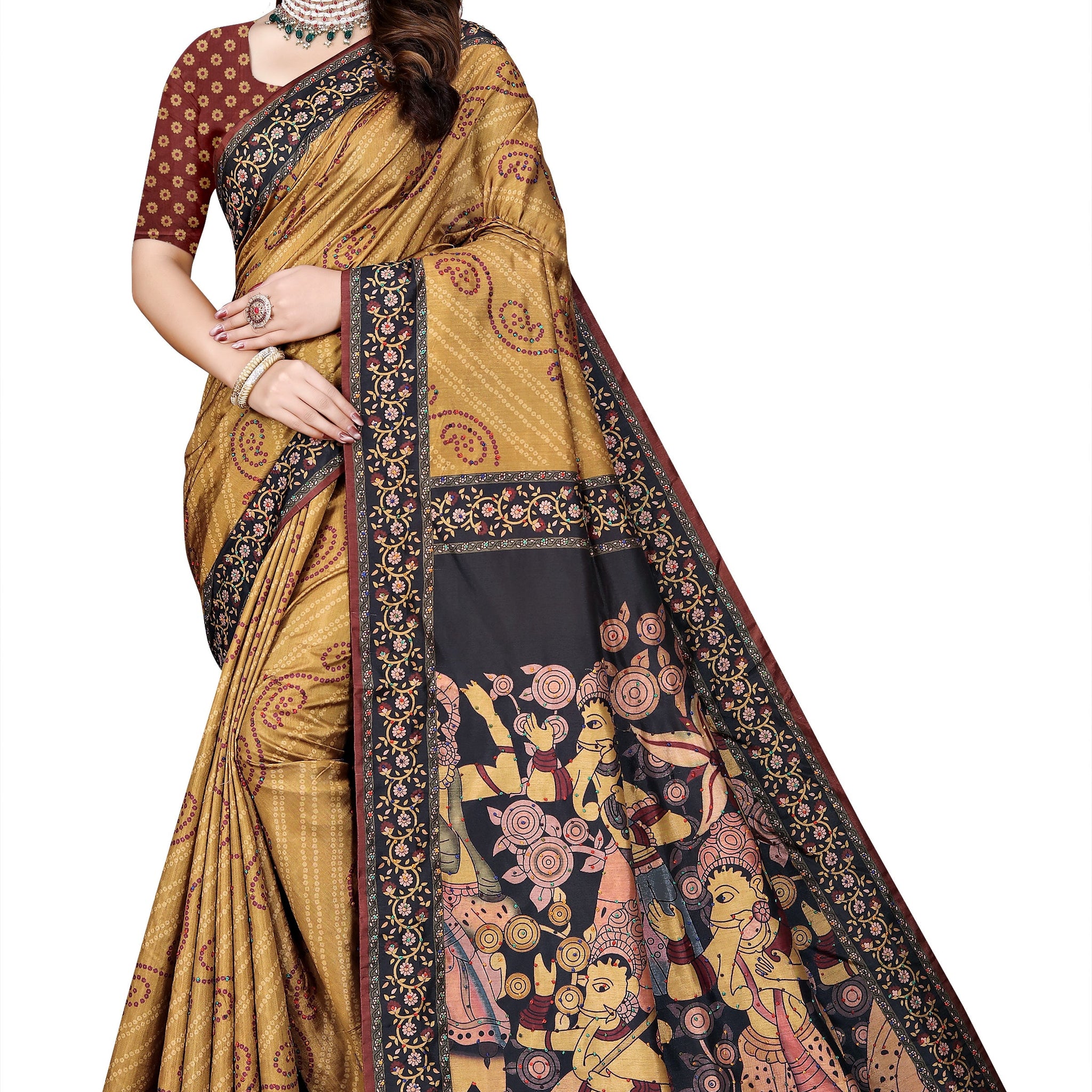OWLSKY, SASSY & STYLO Women's Trendy Blended Silk Saree with Kalamkari Pallu & Designer Border | Festive Traditional Saree for Women | Traditional floral Motif | Saree With Unstitched Blouse Gold