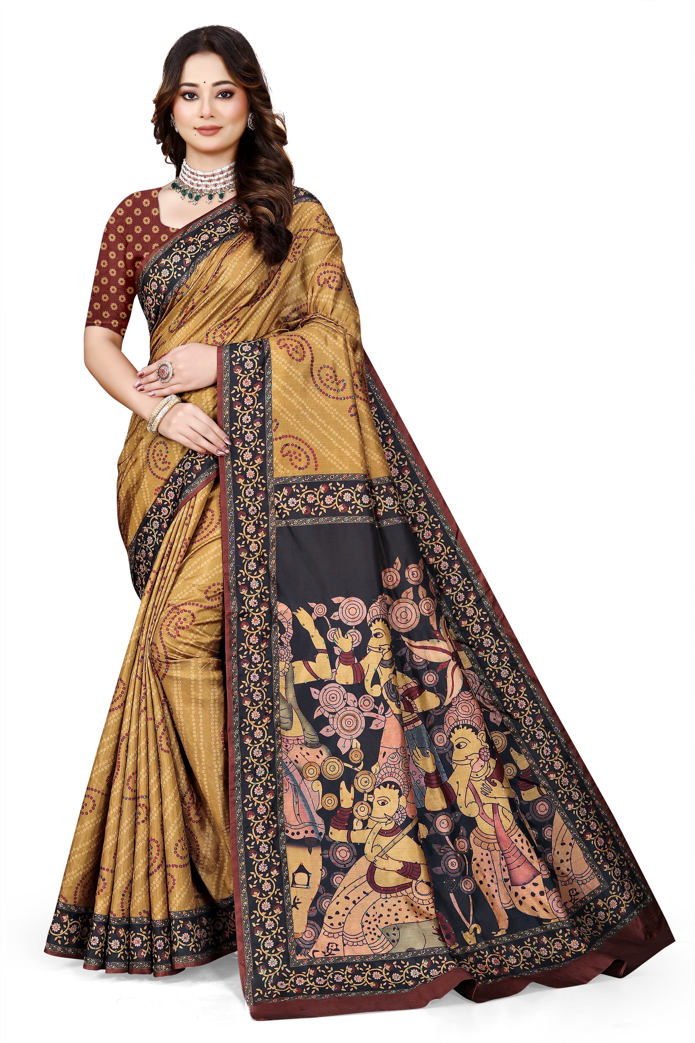 OWLSKY, SASSY & STYLO Women's Trendy Blended Silk Saree with Kalamkari Pallu & Designer Border | Festive Traditional Saree for Women | Traditional floral Motif | Saree With Unstitched Blouse Gold