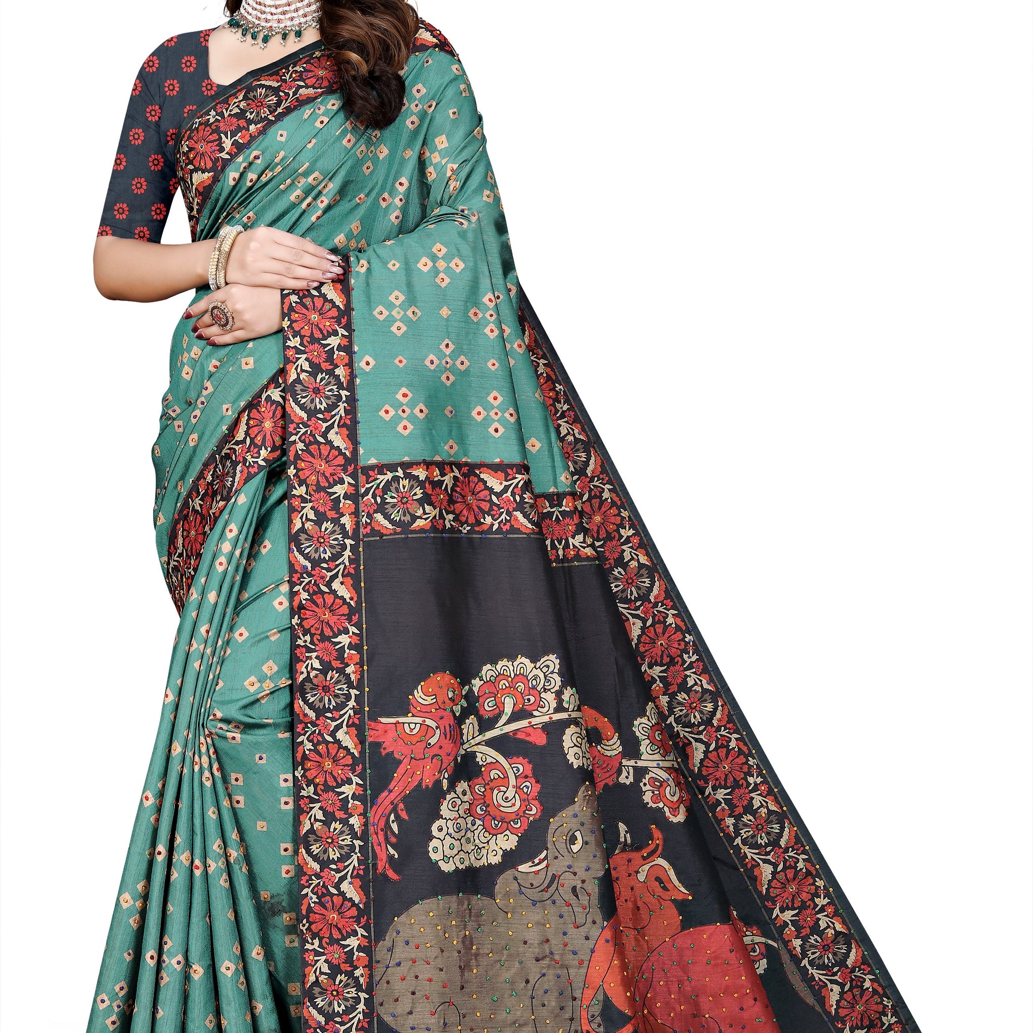 OWLSKY, SASSY & STYLO Women's Trendy Blended Silk Saree with Kalamkari Pallu & Designer Border | Festive Traditional Saree for Women | Traditional floral Motif | Saree With Unstitched Blouse Blue