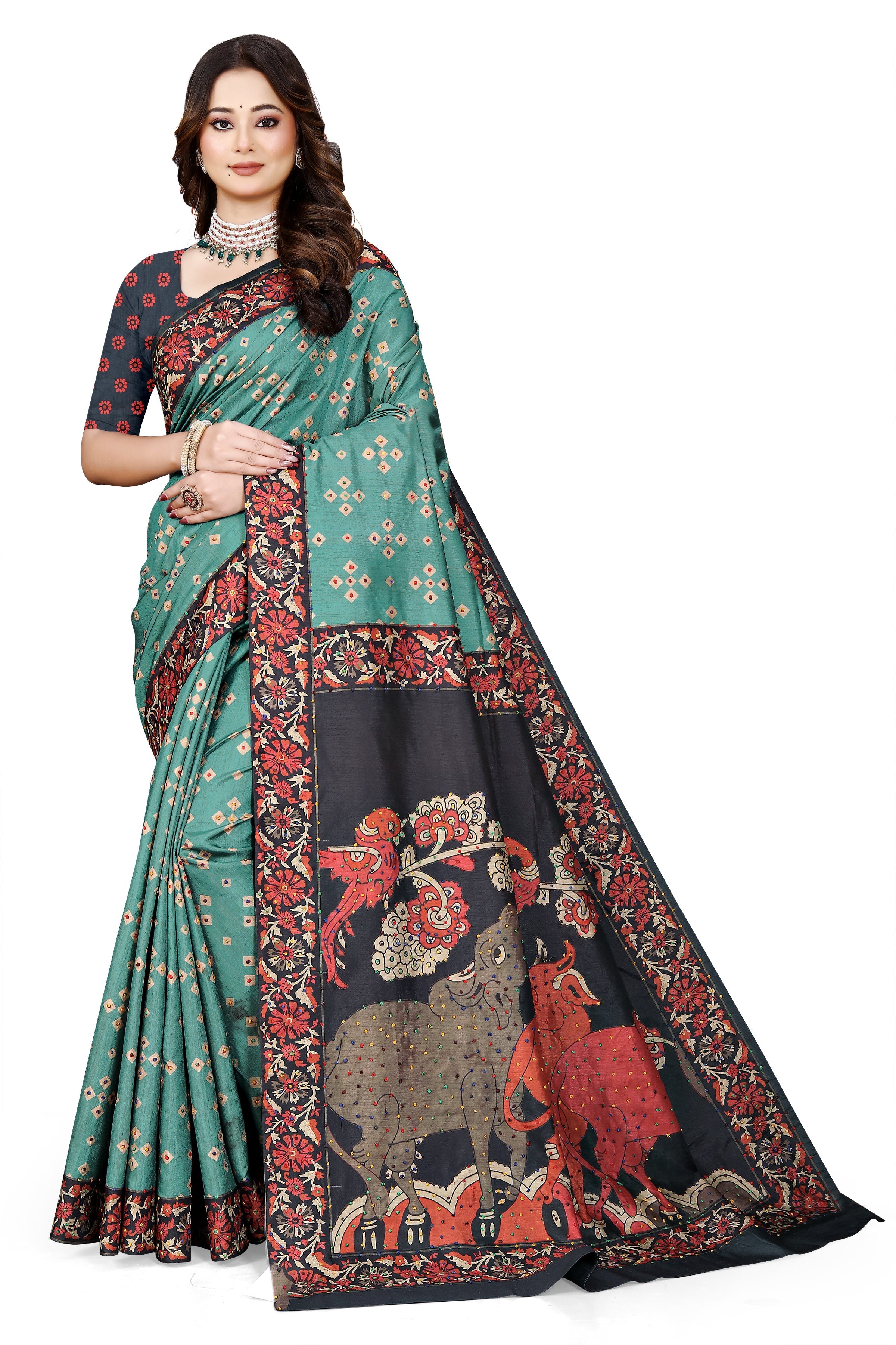 OWLSKY, SASSY & STYLO Women's Trendy Blended Silk Saree with Kalamkari Pallu & Designer Border | Festive Traditional Saree for Women | Traditional floral Motif | Saree With Unstitched Blouse Blue