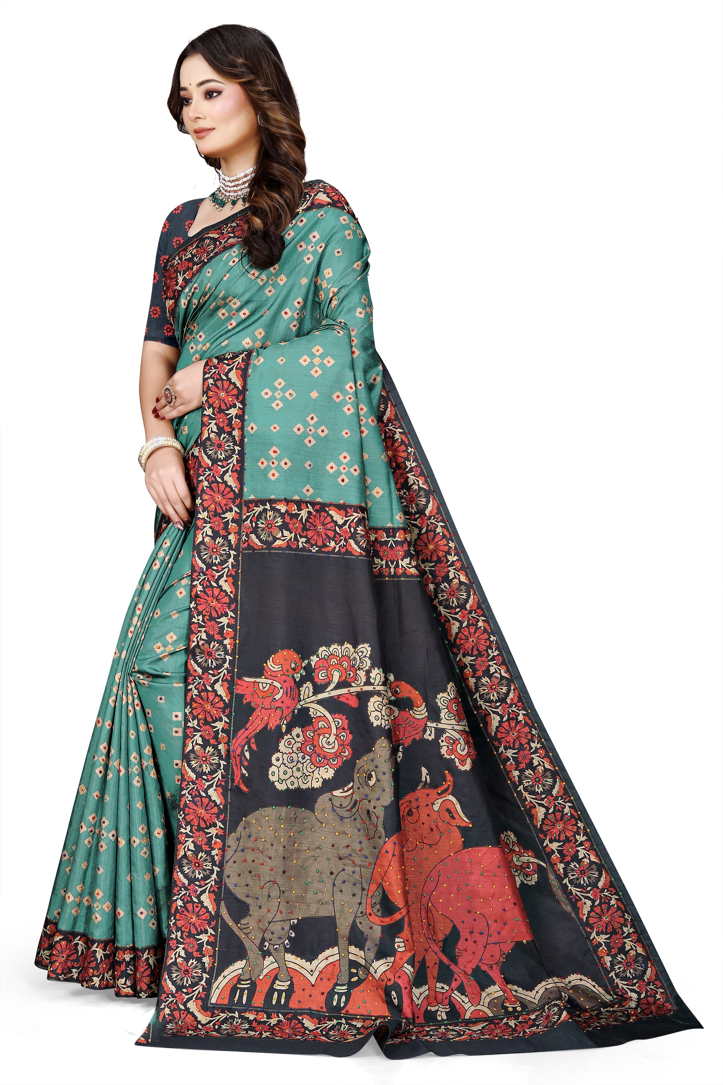 OWLSKY, SASSY & STYLO Women's Trendy Blended Silk Saree with Kalamkari Pallu & Designer Border | Festive Traditional Saree for Women | Traditional floral Motif | Saree With Unstitched Blouse Blue