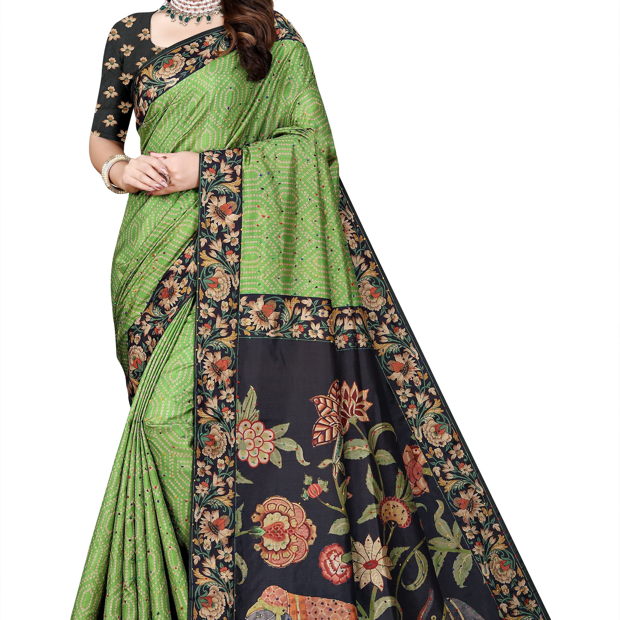 OWLSKY, SASSY & STYLO Women's Trendy Blended Silk Saree with Kalamkari Pallu & Designer Border | Festive Traditional Saree for Women | Traditional floral Motif | Saree With Unstitched Blouse Parrot Green