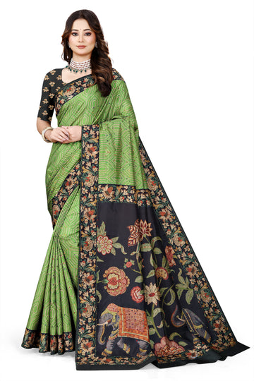 OWLSKY, SASSY & STYLO Women's Trendy Blended Silk Saree with Kalamkari Pallu & Designer Border | Festive Traditional Saree for Women | Traditional floral Motif | Saree With Unstitched Blouse Parrot Green