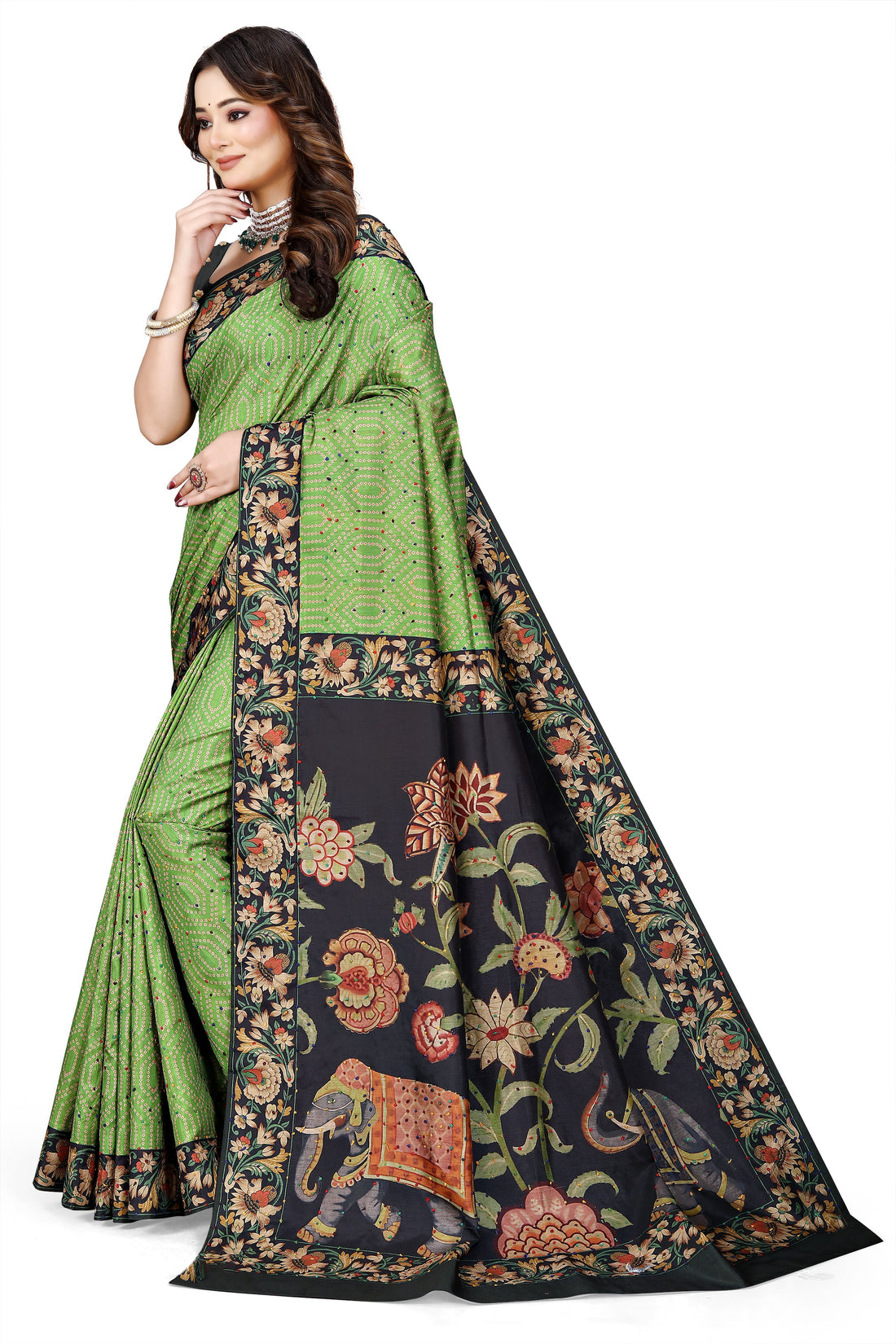 OWLSKY, SASSY & STYLO Women's Trendy Blended Silk Saree with Kalamkari Pallu & Designer Border | Festive Traditional Saree for Women | Traditional floral Motif | Saree With Unstitched Blouse Parrot Green